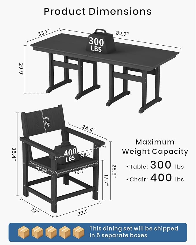 9-Piece Outdoor Dining Set, HDPE Weatherproof Patio Table and Chairs Set for 8, Outdoor Patio Furniture Sets with Umbrella Hole for Outside, Deck, Backyard, Garden (Black) - Image 2
