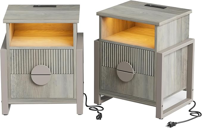 LGHM Set of 2 Fluted Nightstand with Charger Station Strip Lights, 20.47" W Night Stand with 2 Drawers, Large Accent Bed Side Table and End Table, Large Open Cubby, Raising H Legs,Gray by WelcometoLGHMHome