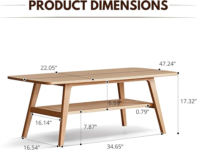 Solid Wood Coffee Table - 2-Tier Wooden Center Table for Living Room,Apartment, and Office, Farmhouse Rustic Rectangle Table, Easy Assembly,47 Inch