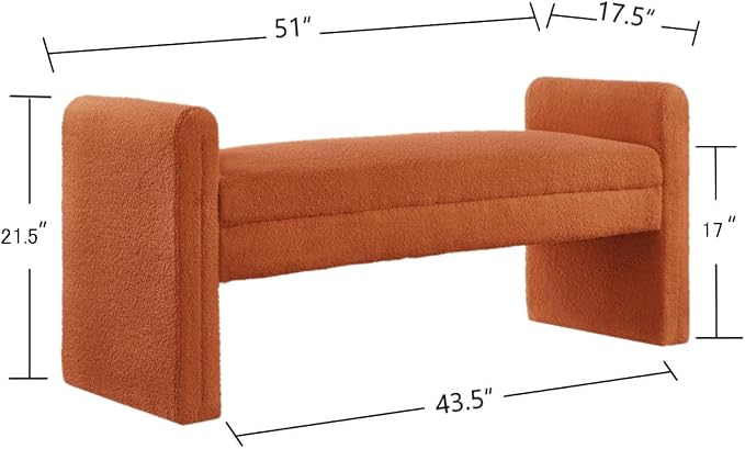24KF Modern Upholstered Bed Bench Covered with Soft Boucle Teddy Fabric, Lovely Entryway Bench Ottoman with Armrest, 5062-Orange - Image 2