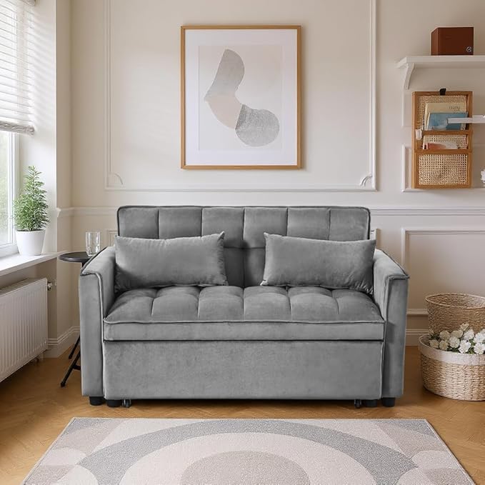 3 in 1 Convertible Sleeper Sofa Bed, Pull Out Couch Loveseat Futon, Adjustable Backrest Velvet Sofa with Pillows and Side Pockets for Living Room Apartment, Dark Grey