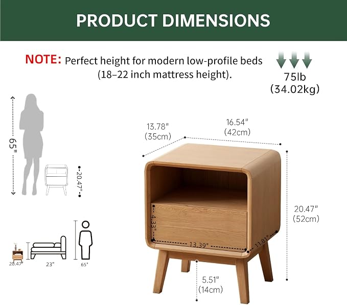 100% Solid Oak Wood Nightstand, Natural Wood Nightstand with Drawer Open Shelf, Mid Century Modern Night Stand, Small Side End Tables, Oak Bedside Table for Bedroom(16.54" Wx13.78 Dx20.47 H) - Image 2