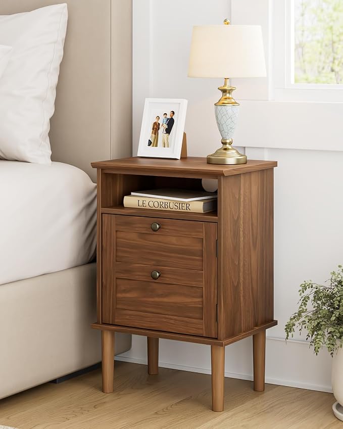 Nightstand, Boho Night Stand with 1 Drawer, Modern Side Accent Table with Open Shelf, Wooden Top Bedside End Table for Bedroom, Living Room, Walnut - Image 3