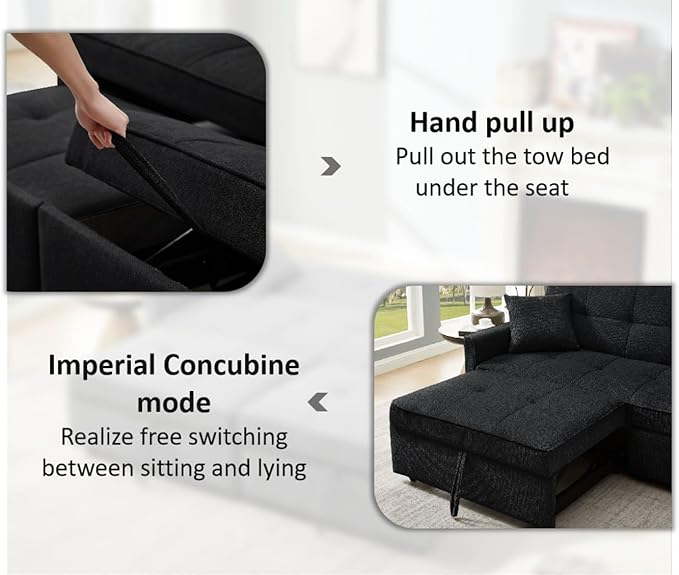 82" 3 in 1 Convertible Sleeper Sofa Bed, Modern Fabric Pull Out Couch, Loveseat Sofa with Pillows & Pockets, Futon Couch Bed Reclining Backrest for Living Room, Bedroom, Apartment, Black