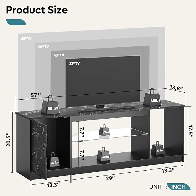 Bestier LED TV Stand for 55/60/65 Inch TV, Gaming Entertainment Center with Cabinet for PS5, Xbox,Modern TV Cabinet with Adjustable Glass Shelves for Living Room, Bedroom 57 Inch,Black Marble - Image 2