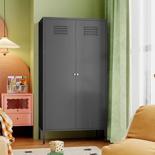 2 Door Metal Cabinet,Classified Storage Tall Storage Cabinet with Hanging Rod&2 Freely Adjustable Shelves, Metal Tall Storage Cabinet for Garage, Storage Room,Home (Steel Cabinet,Black)