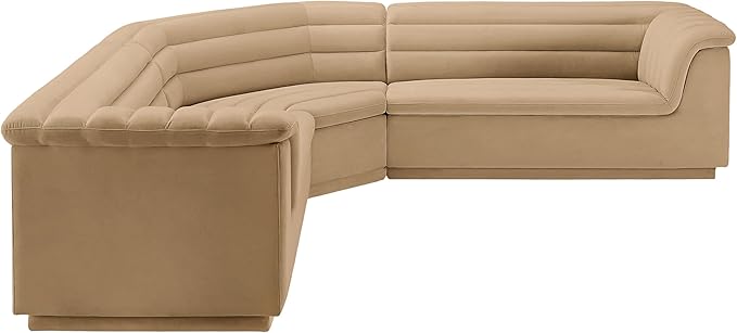Meridian Furniture 194Camel-Sectional Cascade Collection Modern | Contemporary Modular Sectional with Soft Camel Velvet Fabric, Deep Channel Tufting, Curved Arms, 148" W x 80" D x 28" H, Camel