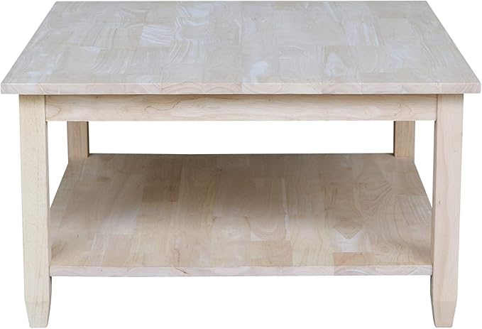 IC International Concepts, Solano Square Coffee Table, Solid Real Wood, Sturdy Parawood, Living Room/Family Room/Entryway, 32"W x 32"D x 18"H with Shelf, Paint/Stain Ready, Unfinished