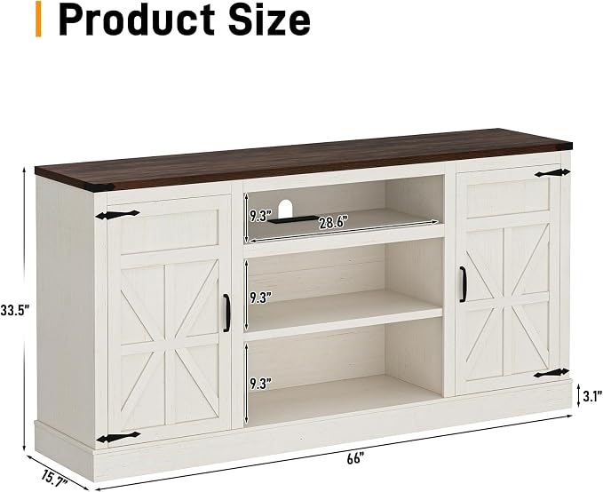 Hlivelood 66" Farmhouse TV Stand with Power Outlets for 75 Inch TVs, 33" Tall Entertainment Center with Storage Cabinets w/Adjustable Shelves, Rustic Large TV Media Console, Rustic White - Image 2