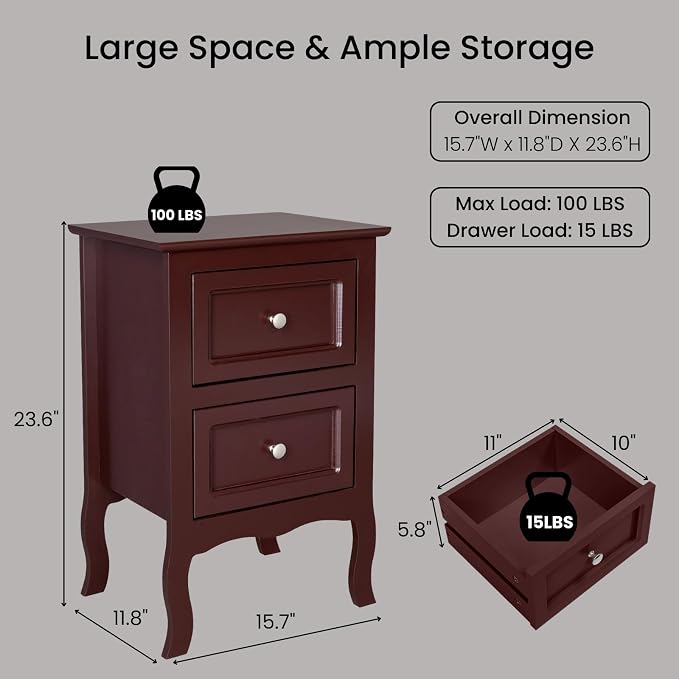 Karl home Brown Nightstand Set of 2 for Bedroom, Vintage Small Night Stand with Drawers, Farmhouse Side Table, Wooden End Tables with Curved Legs for Office, Mid-Century - Image 3