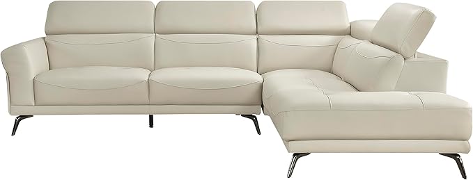 Lexicon L-Shaped Sectional Couch with Right Chaise, Top Grain Leather Match Sectional Sofa, Adjustable Headrests, Black Chrome Metal Legs, High-Density Cushions, Stitching, for Living Room, Beige