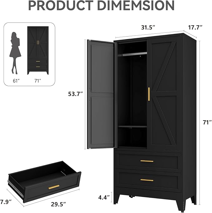 Metal Wardrobe Cabinet, 71" Tall Armoire Wardrobe Closet with 2 Drawers, Hanging Rod and Adjustable Shelf, Farmhouse Clothing Storage Cabinet for Bedroom, Laundry