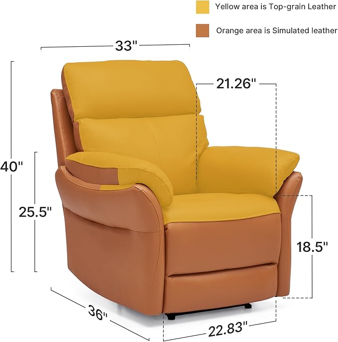 AIRSKY Genuine Leather Recliner Chair, Top Grain Leather, Italian Water-Washing Process, Wall Hugger Recliner Chair, for Living Room, Theater Seating, Bedroom. R1, Orangish Yellow
