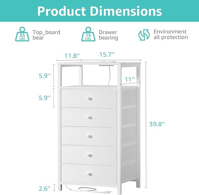 BOLUO White Dresser with 5 Drawers Tall Nightstand with Charging Station and LED Light, Bedside Table Room Storage Drawers Closet - Image 3