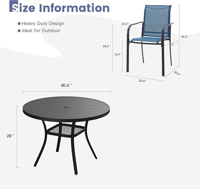 VICLLAX Round Outdoor Dining Set, Patio Table and Chairs Set Set of 4 Patio Stackable Chairs and 40.6" Outdoor Round Table with Umbrella Hole for Backyard Lawn Garden, Blue Chairs and Black Table - Image 7
