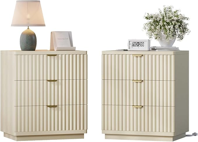 Nightstands Set of 2, Nightstand with Charging Station & 3 Drawers Storage Bedside Table Large Fluted Bed Side End Table, Modern Nightstand for Bedroom Living Room (Beige) - Image 9