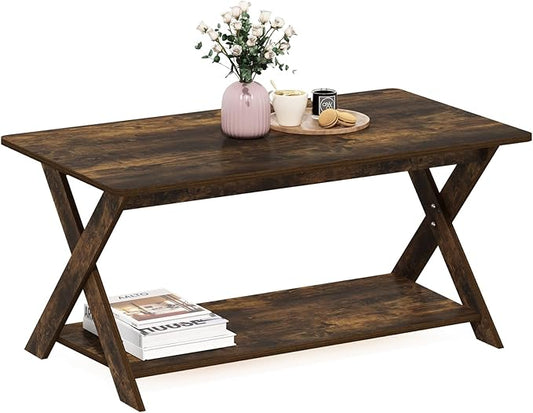 Furinno Modern Simplistic Coffee Table, 2-Tier Rectangle Modern Coffee Table with Open Shelf and X-Legs, Criss-Crossed Side Table, for Living Room, Bedroom, Home Office, Amber Pine