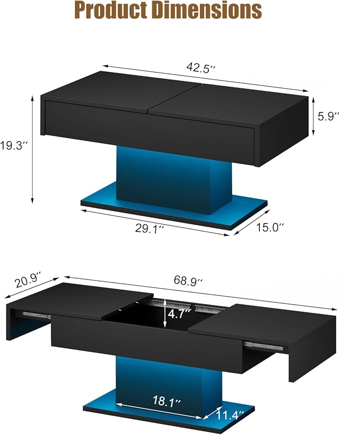 Black Modern Coffee Table with Hidden Storage for Living Room, Living Room Table Rectangular Center Tables Sliding Top with LED Lights, Wooden Cocktail Table for Reception Room