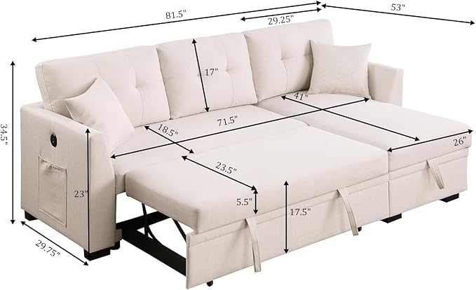 Convertible L-Shape Sofa Bed with Storage Space-Saving, Features Pull-Out Sleeper and Charging Ports for Apartment Living Room and Office, White