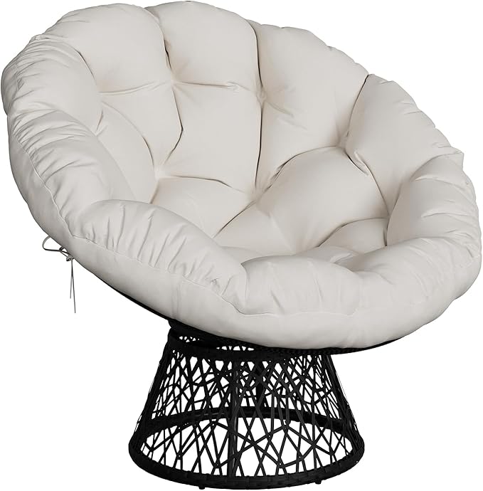 Garvee Papasan Chair, 37" Ergonomic Wicker Papasan Chair with Extra-Thick Soft Fabric Cushion, Heavy-Duty Steel Frame, 360° Swivel Base for Living Room, Bedroom & Reading Nook – White - Black Stand