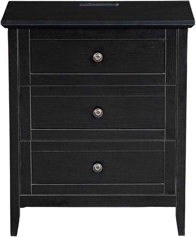 Karl home Farmhouse Nightstand with Charging Station, Wide End Table with 3 Large Drawers & Mental Handles, Wood Small Side Table of Drawers for Bedroom, Closet, Black - Image 4