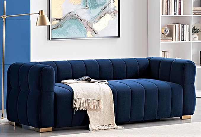 Art Deco Velvet Sofa with Tufted Low Back Design, Sophisticated 3 Seater Couch for Living Rooms, 89 Inch Wide, Easy Assembly, Blue