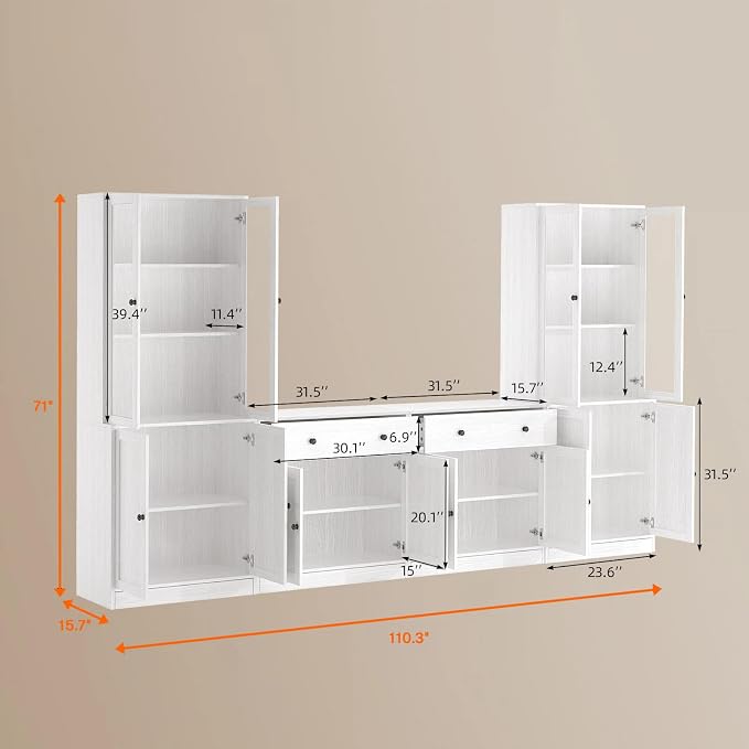 TUSY 71" TV Stand Storage Set - 2 Tall Bookcases & 2 Side Cabinets, Media Console with Glass & Wood Doors, Entertainment Center with Drawers, Tall Media Console for Living Room (White, AEEA) - Image 2