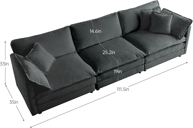 KEIKI Combination Sofa, Upholstered 3 Seater Couch, Oversized Sectional Sofa with Reversible Ottoman for Living Room Bedroom Office, Gray
