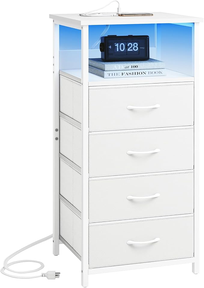 Fixwal Tall Nightstand with Charging Station, Night Stand with U-S-B Ports and Outlets, 4 Fabric Storage Drawers with PU Finish, Small Dresser Bed Side Table, White by Fixwal