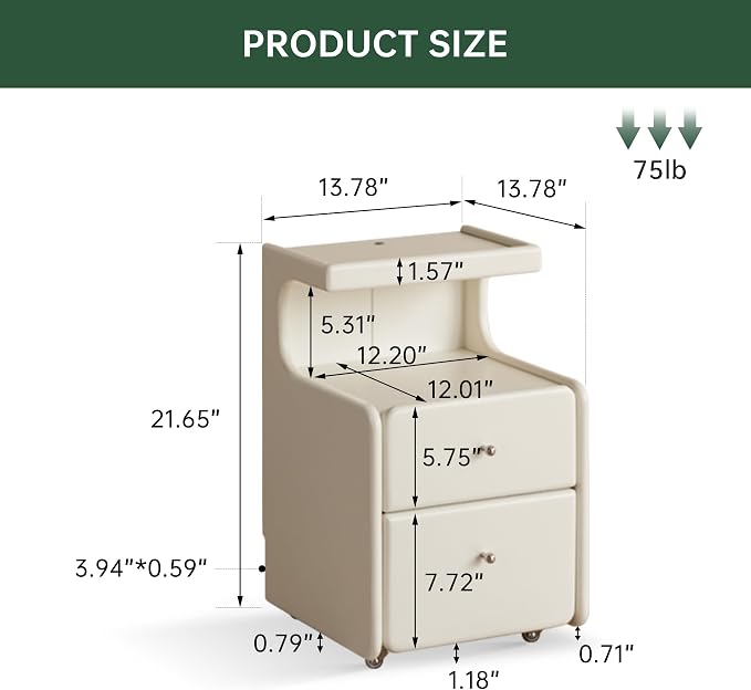 White Wood Nightstand Set of 2, Modern Nightstands with LED Light, Rolling Side Table with Storage, Small Bedside Table for Bedroom or Dorm, 21.9" H - Image 3