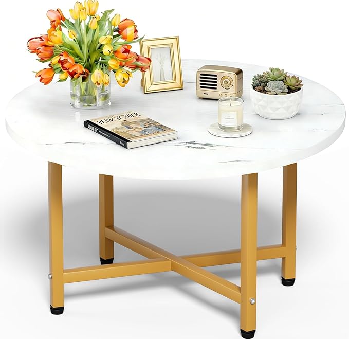 Round Coffee Table, Small Coffee Tables for Living Room, Wood Coffee Table with Metal Frame, Floor Table Desk for Sitting on The Floor, Home, Office, Farmhouse, White & Gold (23.6"D x 17.7"H)