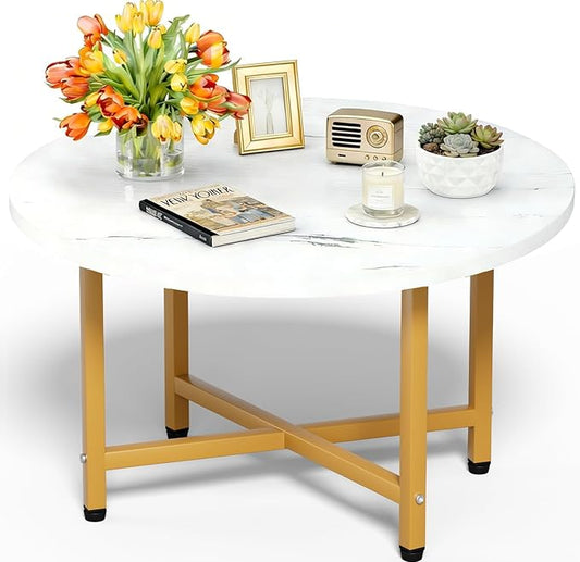Round Coffee Table, Small Coffee Tables for Living Room, Wood Coffee Table with Metal Frame, Floor Table Desk for Sitting on The Floor, Home, Office, Farmhouse, White & Gold (23.6"D x 17.7"H)