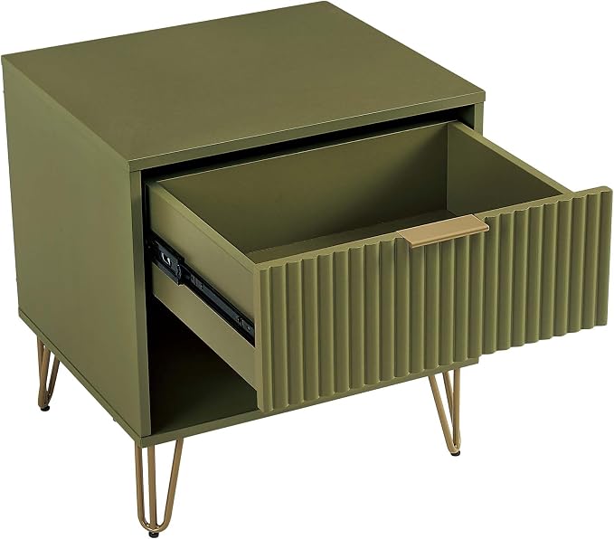 Manhattan Comfort Dumbo Fluted Nightstand with Drawer and Open Shelf, Gold Hairpin Legs and Metal Handle, Snap Tool-Free Assembly, Modern Bedside Accent Table for Bedroom or Living Room in Olive Green - Image 7
