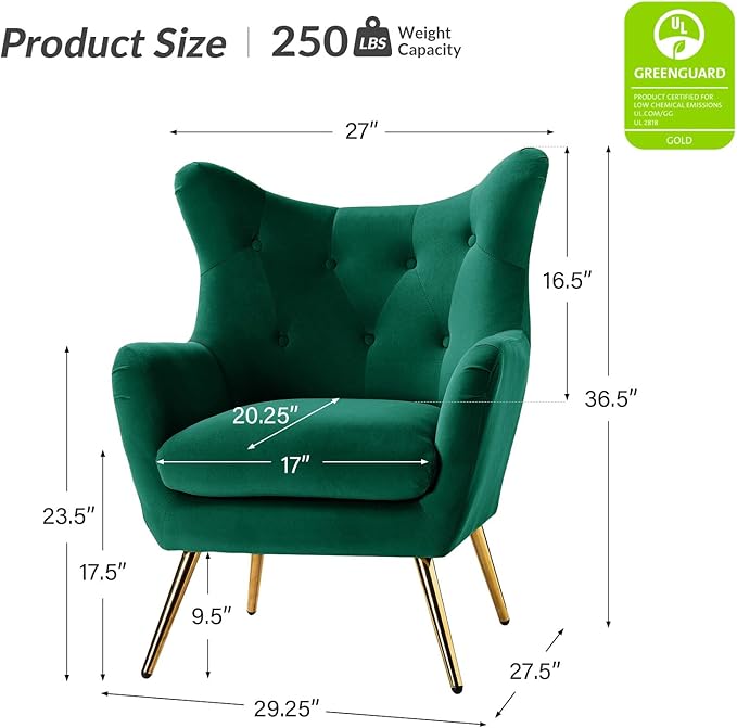 HULALA HOME Velvet Accent Chair, Modern Wingback Armchair with Metal Gold Legs, Velvet Tufted Upholstered Single Sofa Chair for Living Room Bedroom, Dining Room Accent Club Guest Chair (Green)