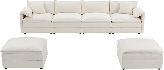 Merax 136" Chenille Modular Sectional Sofa, 6-Seat U-Shaped Oversized Cloud Couch Set, with Double Cushions and Movable Ottomans, Deep & Wide Seating, Cream