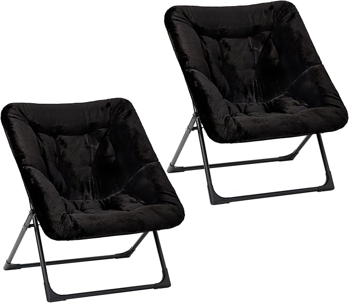 Comfy Saucer Chair for Adults, Set of 2, Soft Faux Fur Bedroom Chair, Accent Dorm Chairs, Flexible Living Room Reading Chairs, Oversized Folding Seat for Teens, X-Large, Black