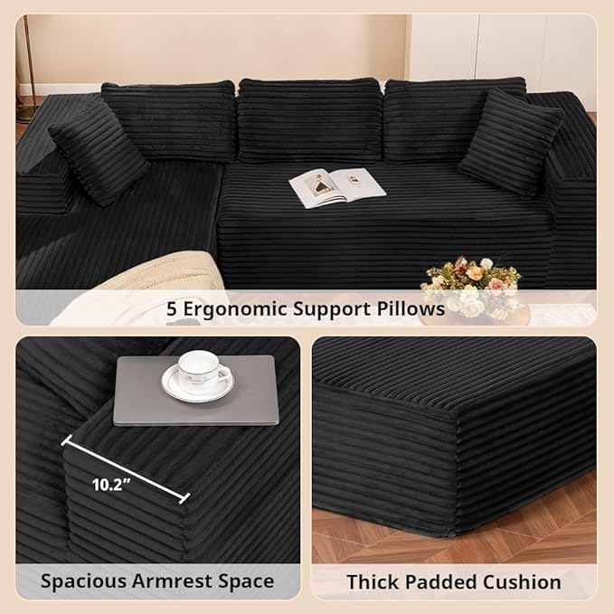 COMHOMA 105”Modular Sectional Sofa with Deep Seat,Cloud Upholstered L-Shape Couch Wide Arms Corduroy Fabric High-Density Foam Chaise Lounge for Living Room No Assembly Required
