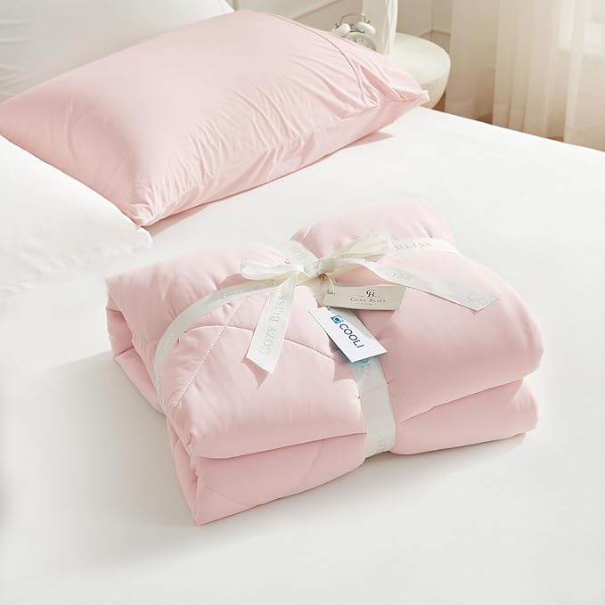 Cozy Bliss Cooling Comforter Twin Size, Cooling Blankets for Hot Sleepers and Night Sweats, Pink Gray Summer Comforter for Twin Size Bed, Breathable Soft Lightweight Silk Smooth
