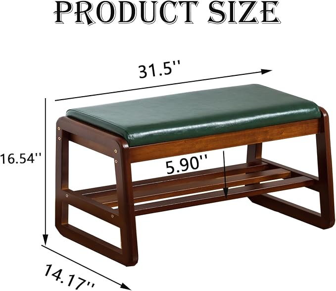 latifolia Solid Wood Bench, Entryway Shoe Bench with Cushion, 2 Tier Shoe Storage Organizer for Hallway, Living Room(Green,31.50''L) - Image 2