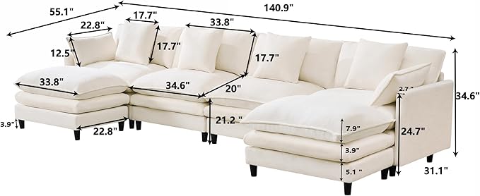 Eafurn 141" Oversized Modular Sectional Sofa with Movable Ottoman, 6 Seater Modern Chenille Reversible Sofa Set, Large Convertible U Shaped Couch for Living Room Apartment