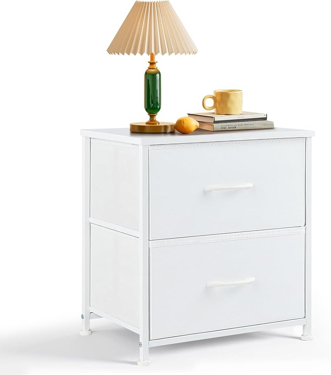 Nightstand, Small 2 Drawer Dresser End Table Bedside Furniture, Wooden Top Fabric Bins for Bedroom, Closet, Entryway, Dorm, 11.8" D x 18" W x 20", White by SageNest