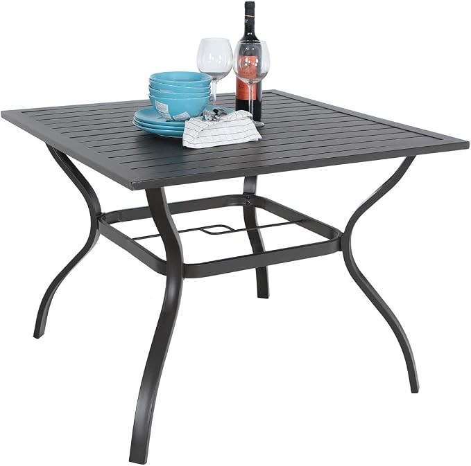 PHI VILLA 37" Patio Table for 4, Metal Outdoor Dining Table with E-Coating, Square Steel Slated Outdoor Table with 1.57" Umbrella Hole for Garden Backyard, Black by PHIVILLA