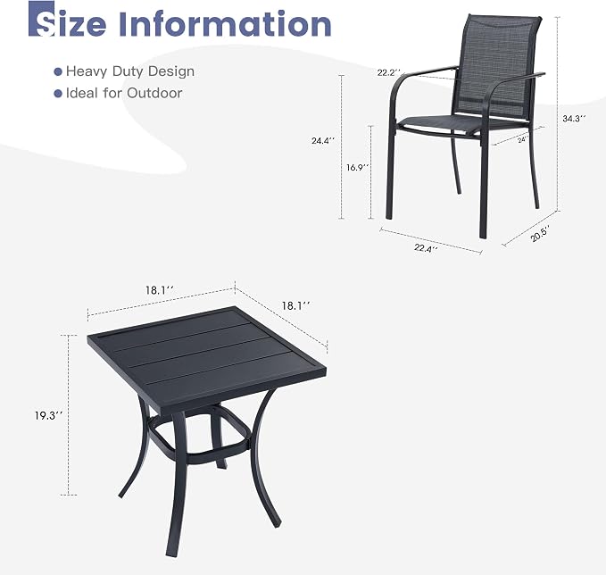 VICLLAX Outdoor Set for 2, Small Patio Table and Chairs Set of Stackable Patio Sling Chairs and Square Dining Table for Front Porch, Dark Grey Fabric and Black Table - Image 6
