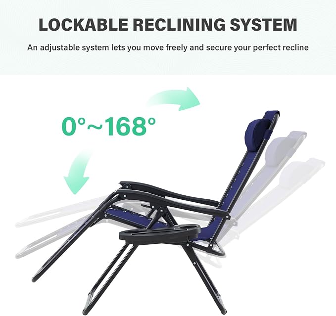 JEAREY Zero Gravity Lounge Chairs Set of 2, Adjustable Steel Mesh Recliners with Pillows and Cup Holder Trays for Patio, Garden, Beach, Navy Blue - Image 8