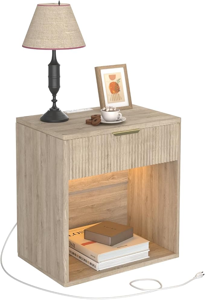 EROMMY Fluted Nightstand with Charging Station, 23” Wide Modern Bedside Table with Drawer, Mid Century Nightstand End Table for Bedroom, Natural Oak by EROMMY