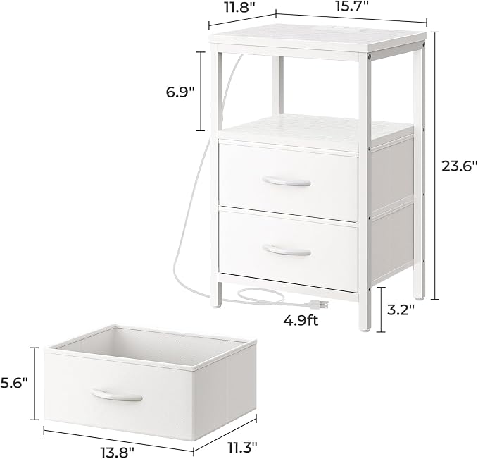 Huuger Nightstands Set of 2, End Tables with Charging Station, Side Tables with Fabric Drawers, Bedside Tables with USB Ports and Outlets, Night Stands, PU Leather, White - Image 3