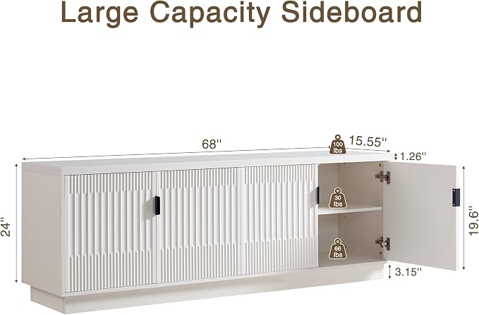 Fatmok Fluted TV Stand for up to 75" TVs, 68" Entertainment Center with 4 Doors, Modern Media Console with Adjustable Shelves & Storage Cabinets, White - Image 2