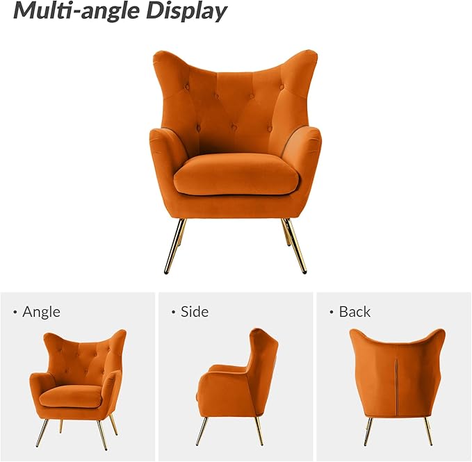 HULALA HOME Velvet Accent Chair Set of 2, Modern Wingback Arm Chair with Metal Gold Legs, Velvet Tufted Upholstered(Orange)