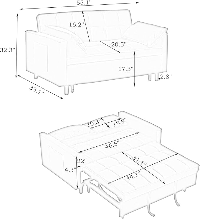 55" Modern Velvet Loveseat Sleeper Sofa, 3-in-1 Convertible Pull-Out Bed with Adjustable Backrest, 2 Pillows & Side Pockets, Small Pull Out Couch for Living Room, Apartment(Black)