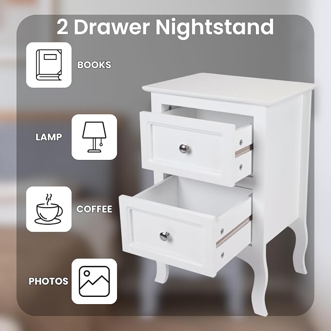 Karl home White Nightstand Set of 2. Farmhouse End Side Table Set of 2 Bedside Nightstands Chest with Drawers Small Night Stand with 2 Drawer and Solid Wood Legs for Bedroom - Image 4